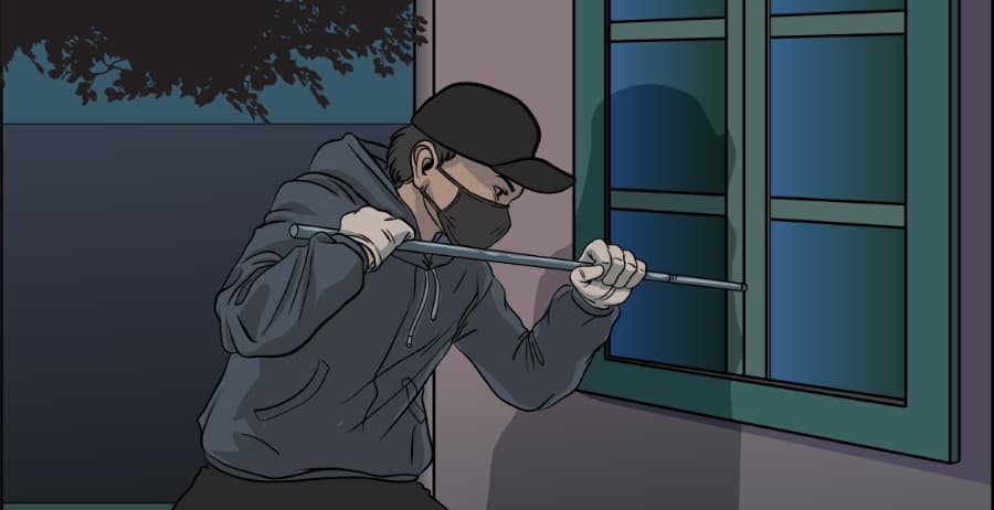 Illustration of burglar forcing entry through a window in Shreveport